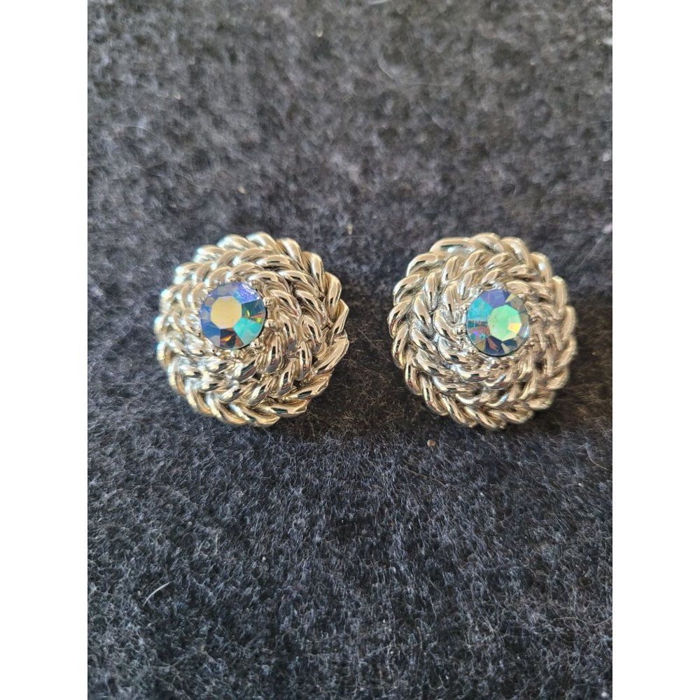 CORO Braded Pewter Tone AB Aurora Borealis Iridescent Rhinestone Clip Earrings